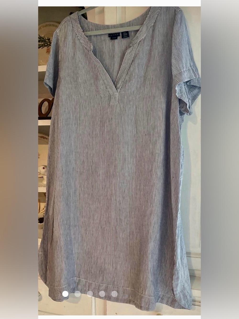 100% Linen Tahari Navy and White Pinstripe V‑Neck Dress